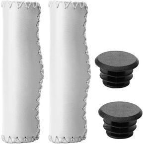 VGEBY1 Bike Handle Bar End Grips, Bicycle Handlebar Grips Hand-Stitched PU Cycling Grips Accessory with Plug(White)