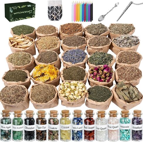 JUSTASHOW 61PCS Witchcraft Supplies for Wiccan Spells, Witchcraft Starter Kit, Spell Candles Crystals Dried Herbs Magic Wand Necklace, Versatile Tools Gifts for Beginner Experienced Witch in Saudi Arabia