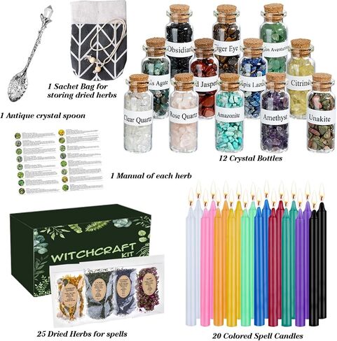 JUSTASHOW 61PCS Witchcraft Supplies for Wiccan Spells, Witchcraft Starter Kit, Spell Candles Crystals Dried Herbs Magic Wand Necklace, Versatile Tools Gifts for Beginner Experienced Witch in Saudi Arabia