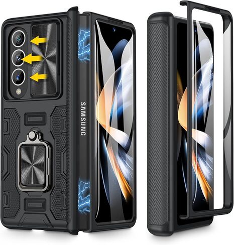 حافظة Caka for Z Fold 4 - حافظة Galaxy Z Fold 4 مع غطاء عدسة كاميرا منزلق - واقي شاشة من الزجاج المقوى وحامل مسند - حافظة لهاتف Samsung Fold 4 5G (أسود) in Kuwait