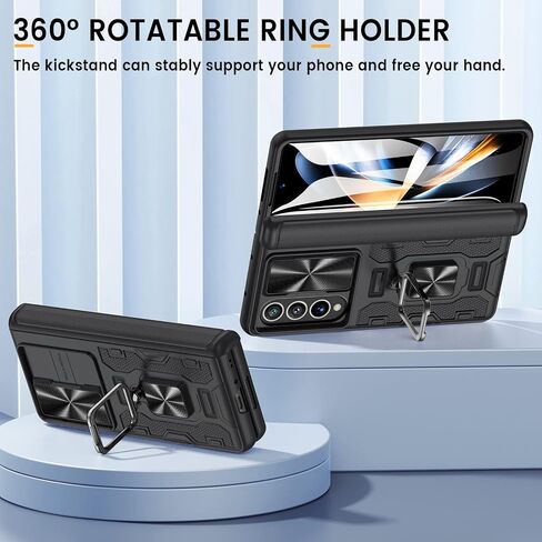 حافظة Caka for Z Fold 4 - حافظة Galaxy Z Fold 4 مع غطاء عدسة كاميرا منزلق - واقي شاشة من الزجاج المقوى وحامل مسند - حافظة لهاتف Samsung Fold 4 5G (أسود) in Kuwait