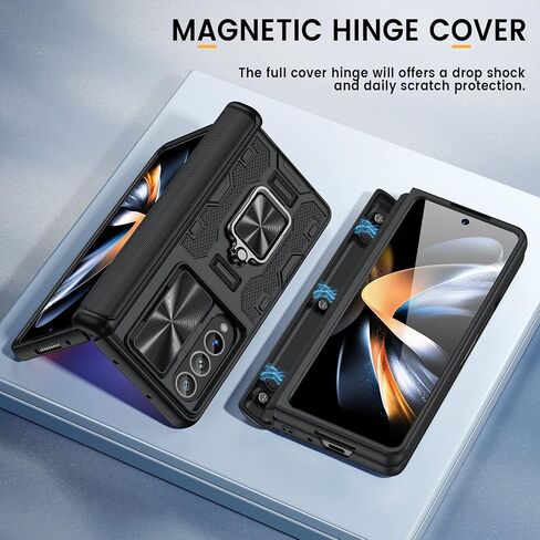 حافظة Caka for Z Fold 4 - حافظة Galaxy Z Fold 4 مع غطاء عدسة كاميرا منزلق - واقي شاشة من الزجاج المقوى وحامل مسند - حافظة لهاتف Samsung Fold 4 5G (أسود) in Kuwait