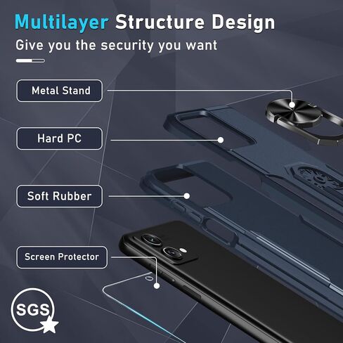 جراب Janmitta لهاتف Motorola Moto G Stylus 5G 2023 مع واقي شاشة [ليس لإصدار 2022]، غطاء كامل الجسم مقاوم للصدمات عالي التحمل مدمج في حامل حلقة معدنية قابلة للدوران، أزرق داكن in Kuwait