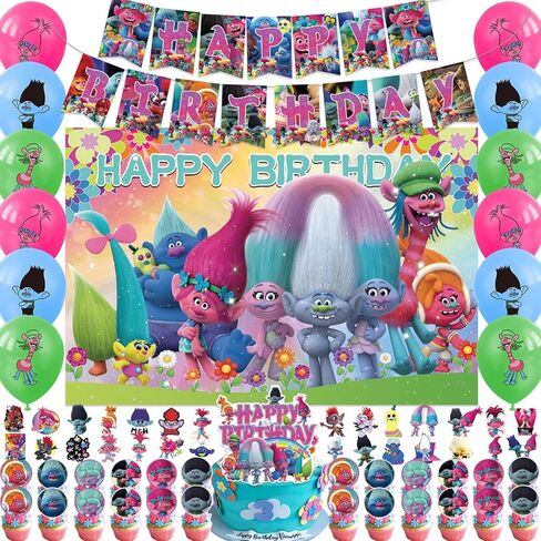 azlee 101Pcs Tro-lls Birthday Party Supplies,Tro-lls Party Decorations Includes Happy Birthday Banner,Backdrop,Stickers,Cake Topper,Cupcake Toppers, for Tro-lls Birthday Party Decorations in Saudi Arabia