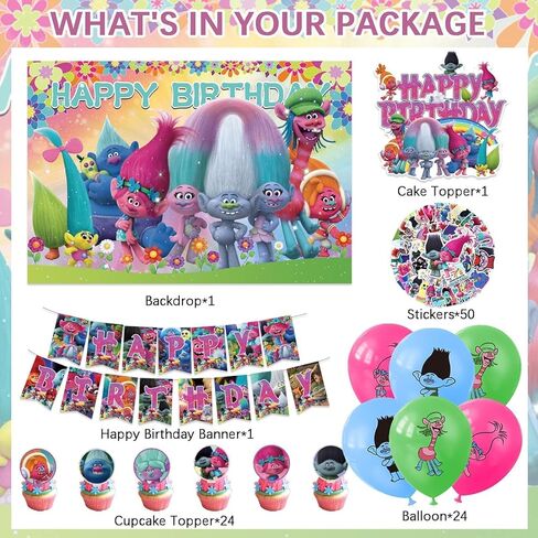 azlee 101Pcs Tro-lls Birthday Party Supplies,Tro-lls Party Decorations Includes Happy Birthday Banner,Backdrop,Stickers,Cake Topper,Cupcake Toppers, for Tro-lls Birthday Party Decorations in Saudi Arabia