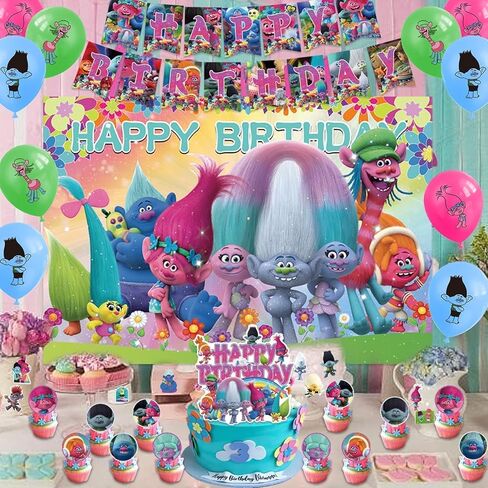 azlee 101Pcs Tro-lls Birthday Party Supplies,Tro-lls Party Decorations Includes Happy Birthday Banner,Backdrop,Stickers,Cake Topper,Cupcake Toppers, for Tro-lls Birthday Party Decorations in Saudi Arabia