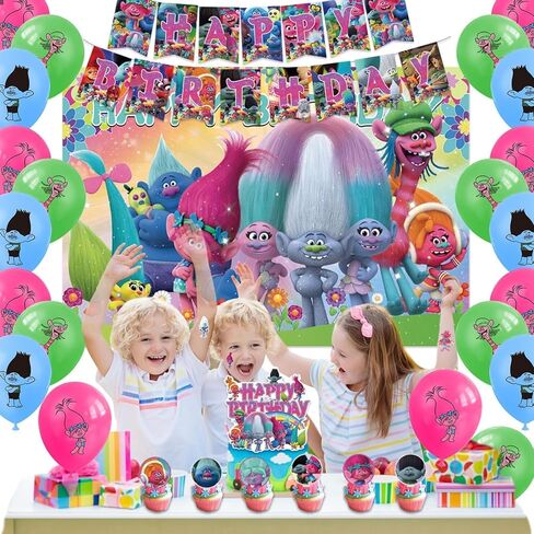 azlee 101Pcs Tro-lls Birthday Party Supplies,Tro-lls Party Decorations Includes Happy Birthday Banner,Backdrop,Stickers,Cake Topper,Cupcake Toppers, for Tro-lls Birthday Party Decorations in Saudi Arabia