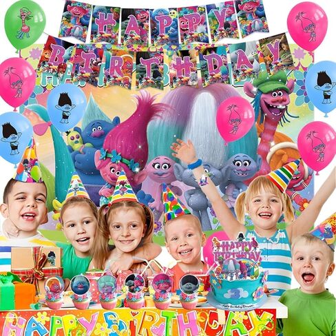 azlee 101Pcs Tro-lls Birthday Party Supplies,Tro-lls Party Decorations Includes Happy Birthday Banner,Backdrop,Stickers,Cake Topper,Cupcake Toppers, for Tro-lls Birthday Party Decorations in Saudi Arabia