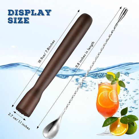 Wooden Cocktail Muddler Drinks Muddler Bar Muddler and 12 Inches Spiral Mixing Spoon Stainless Steel Shaker Spiral Spoon for Making Cocktails Drinks Juice (Brown) in Saudi Arabia