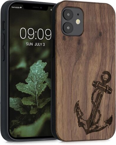 kwmobile Wood Case Compatible with Apple iPhone 12 Mini Case - Cover - Vintage Anchor Dark Brown in Kuwait