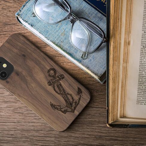 kwmobile Wood Case Compatible with Apple iPhone 12 Mini Case - Cover - Vintage Anchor Dark Brown in Kuwait