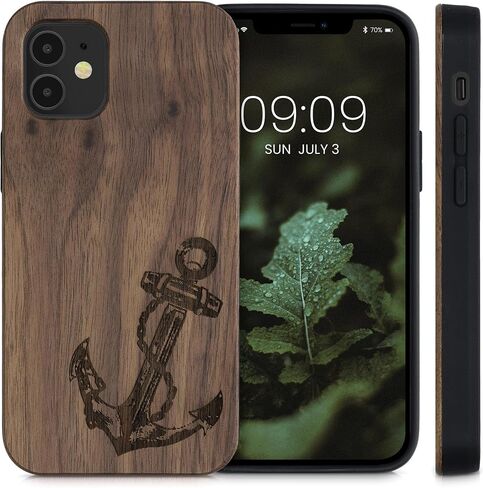 kwmobile Wood Case Compatible with Apple iPhone 12 Mini Case - Cover - Vintage Anchor Dark Brown in Kuwait