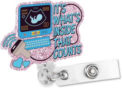 It's What's Inside That Counts Retractable Glitter Badge Reel with Alligator Clip, Funny Ultrasound Badge Holder Gift for L&D RN OB Midwife Maternity Doctor Nurse Obstetrics, Sonographer Gift in Kuwait