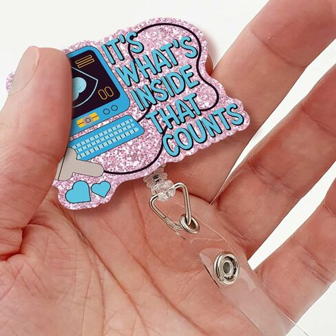It's What's Inside That Counts Retractable Glitter Badge Reel with Alligator Clip, Funny Ultrasound Badge Holder Gift for L&D RN OB Midwife Maternity Doctor Nurse Obstetrics, Sonographer Gift in Kuwait