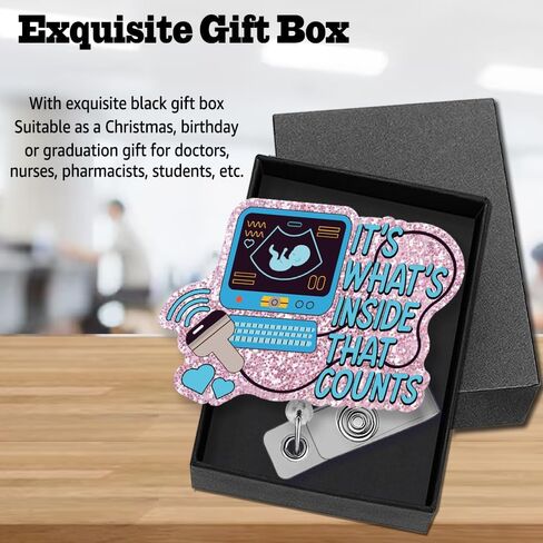 It's What's Inside That Counts Retractable Glitter Badge Reel with Alligator Clip, Funny Ultrasound Badge Holder Gift for L&D RN OB Midwife Maternity Doctor Nurse Obstetrics, Sonographer Gift in Kuwait