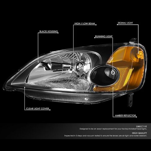 DNA Motoring HL-OH-HC01-BK-AM Black Amber Headlights Replacement Compatible with 01-03 Honda Civic in Saudi Arabia