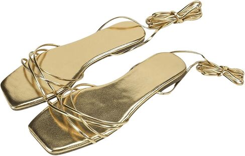 GORGLITTER Women's Lace Up Strappy Flat Sandals Metallic Tie Up Dressy Crisscross Slide Sandals in Saudi Arabia
