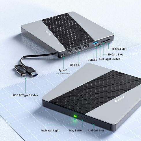 محرك أقراص CD/DVD خارجي، USB 3.0 USB C محمول CD DVD +/-RW مشغل DVD مع قارئ بطاقة SD/Micro SD 8 في 1 متوافق مع الكمبيوتر المحمول المكتبي Mac PC Windows Linux in Kuwait