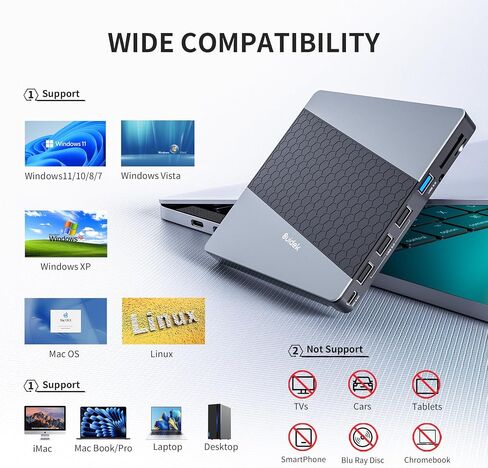 محرك أقراص CD/DVD خارجي، USB 3.0 USB C محمول CD DVD +/-RW مشغل DVD مع قارئ بطاقة SD/Micro SD 8 في 1 متوافق مع الكمبيوتر المحمول المكتبي Mac PC Windows Linux in Kuwait