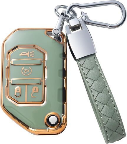 Compatible with Jeep Key Fob Cover with Leather Lanyard, Car Key Case Shell Protection for Jeep 2020 2021 Gladiator JT Sahara JLU 2018-2023 Jeep Smart Remote Control,Green in Saudi Arabia