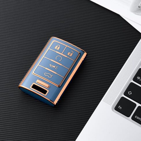 ELOHEI for Cadillac Key Fob Cover, Premium Soft Full Protection Key Fob Case Compatible with 2008-2015 Cadillac Escalade ATS CTS DTS SRX STS Key Shell Accessories (Gold Edge Black) in Saudi Arabia