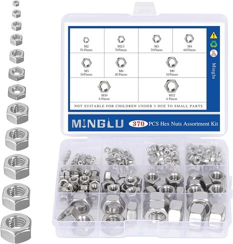 Minglu 370pcs Hex Nuts Assortment Kit, M2 M2.5 M3 M4 M5 M6 M8 M10 M12 Hardware Nuts Sets, 304 Stainless Steel Assorted Nut Set in Kuwait