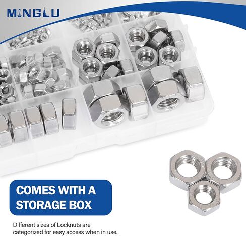 Minglu 370pcs Hex Nuts Assortment Kit, M2 M2.5 M3 M4 M5 M6 M8 M10 M12 Hardware Nuts Sets, 304 Stainless Steel Assorted Nut Set in Kuwait