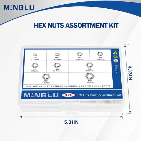 Minglu 370pcs Hex Nuts Assortment Kit, M2 M2.5 M3 M4 M5 M6 M8 M10 M12 Hardware Nuts Sets, 304 Stainless Steel Assorted Nut Set in Kuwait