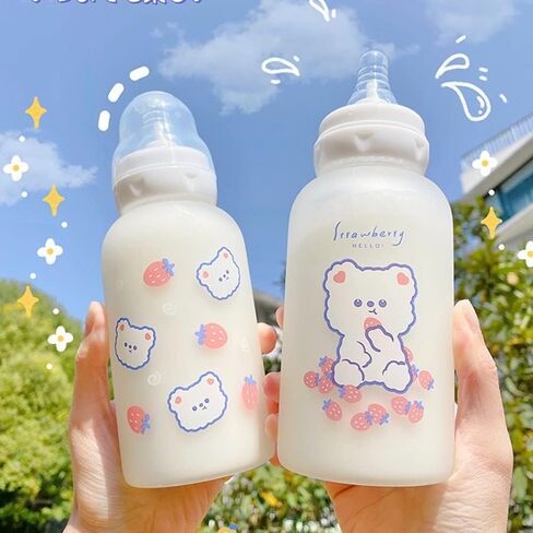 Strawberry Bear Glass Water Bottle with Nipple Sippy 11oz Kawaii Water Bottle for Teen Girls Adults Toddler School Sports Office Cute Frosted Borosilicate Drinking Bottle Portable Water Jug (A) in Saudi Arabia