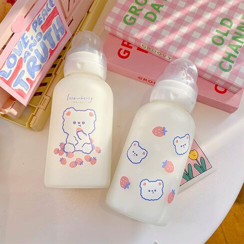 Strawberry Bear Glass Water Bottle with Nipple Sippy 11oz Kawaii Water Bottle for Teen Girls Adults Toddler School Sports Office Cute Frosted Borosilicate Drinking Bottle Portable Water Jug (A) in Saudi Arabia