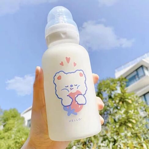 Strawberry Bear Glass Water Bottle with Nipple Sippy 11oz Kawaii Water Bottle for Teen Girls Adults Toddler School Sports Office Cute Frosted Borosilicate Drinking Bottle Portable Water Jug (A) in Saudi Arabia