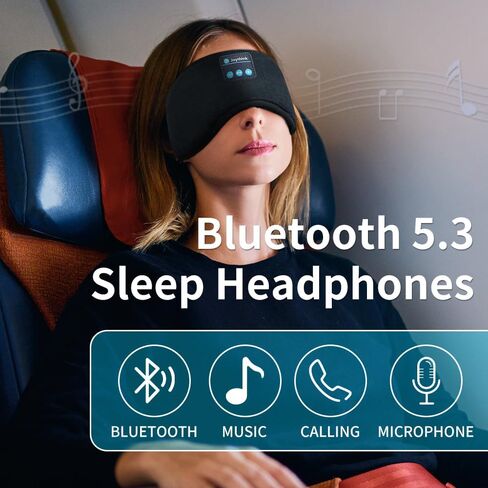 Bluetooth Sleep Headphones Eye Mask Wireless Bluetooth Sleep Mask for Side Sleepers Velcro Adjustable Bluetooth 5.2 Speaker Microphones Airplane Travel Light Blocking Music Eye Cover, Black in Saudi Arabia