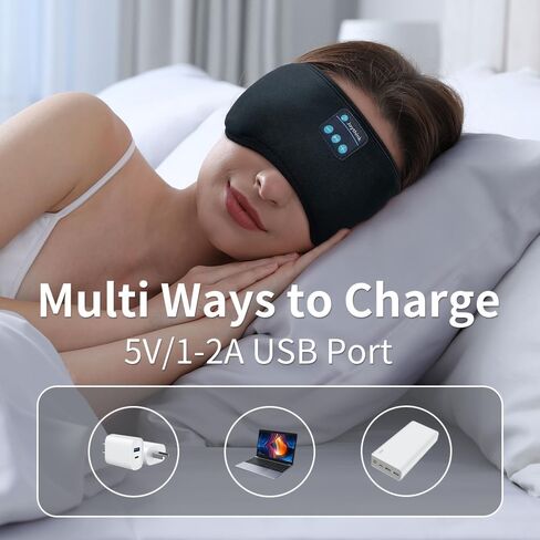 Bluetooth Sleep Headphones Eye Mask Wireless Bluetooth Sleep Mask for Side Sleepers Velcro Adjustable Bluetooth 5.2 Speaker Microphones Airplane Travel Light Blocking Music Eye Cover, Black in Saudi Arabia