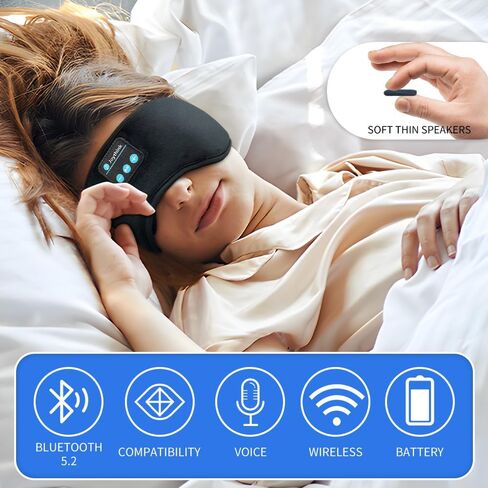 Bluetooth Sleep Headphones Eye Mask Wireless Bluetooth Sleep Mask for Side Sleepers Velcro Adjustable Bluetooth 5.2 Speaker Microphones Airplane Travel Light Blocking Music Eye Cover, Black in Saudi Arabia