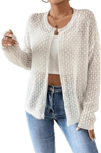 Floerns Women's Drop Shoulder Open Knit Long Sleeve Loose Fit Cardigan Sweater in Saudi Arabia