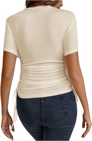 MakeMeChic Women's Maternity Drawstring Short Sleeve Round Neck Ruched Fitted Tee Shirts Tops in Saudi Arabia