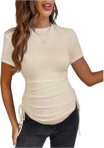 MakeMeChic Women's Maternity Drawstring Short Sleeve Round Neck Ruched Fitted Tee Shirts Tops in Saudi Arabia