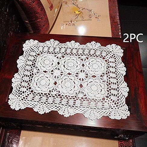 16 Inch by 19 Inch Rectangular Cotton Handmade Crochet Lace Table Runner Doilies for Coffee Table Dresser Scarf Décor，2PC/Set (16x19 Inch, White) in Kuwait