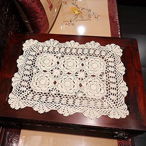 16 Inch by 19 Inch Rectangular Cotton Handmade Crochet Lace Table Runner Doilies for Coffee Table Dresser Scarf Décor，2PC/Set (16x19 Inch, White) in Kuwait