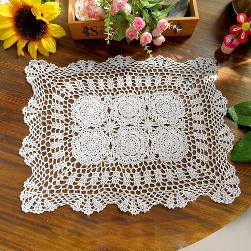 16 Inch by 19 Inch Rectangular Cotton Handmade Crochet Lace Table Runner Doilies for Coffee Table Dresser Scarf Décor，2PC/Set (16x19 Inch, White) in Kuwait
