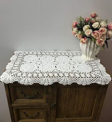 16 Inch by 19 Inch Rectangular Cotton Handmade Crochet Lace Table Runner Doilies for Coffee Table Dresser Scarf Décor，2PC/Set (16x19 Inch, White) in Kuwait