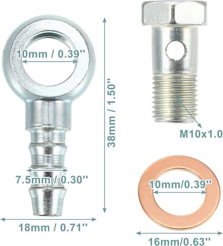 ACROPIX 10mm ID 7.5 mm OD M10x1.0 Banjo Hose Barb Bolt Fittings Universal Banjo Fitting Fuel Line with Copper Washers for Motorcycle Silver Tone - Pack of 8 in Saudi Arabia