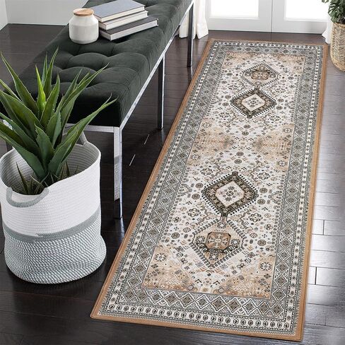 IMINROME Washable Runner Rug 2x6 Bohemian Traditional Rug Foldable Thin Floral Print Runner Rug for Entryway Hallway Kitchen Laundry Room Bathroom Non Slip Washable Vintage Runner Carpet in Kuwait