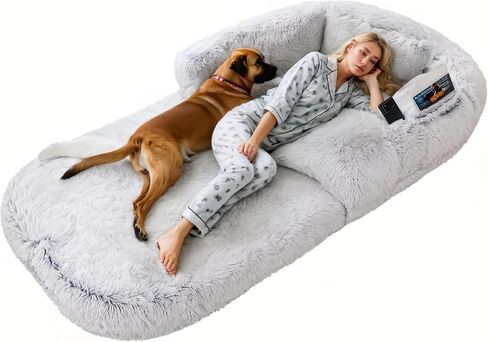 Foldable Human Dog Bed, Orthopedic Memory Foam Bed for People and Pets, High Resilience, Waterproof, Washable, Non-Slip Bottom, Faux Fur, Dark Grey, 72"x44"x9" Laid Flat, 44"x35"x13" Folded in Saudi Arabia