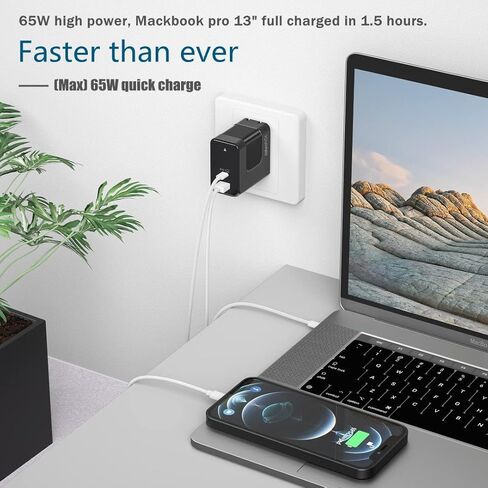 شاحن USB C PD لجهاز iPhone 15 Series iPad MacBook، شاحن حائط Sunshot 65W Max GaN USB-C بمنفذين (12W USB A + 45W USB C) مع توصيل الطاقة لأجهزة الكمبيوتر المحمولة والهواتف اللوحية والعديد من الأجهزة الأخرى. in Kuwait