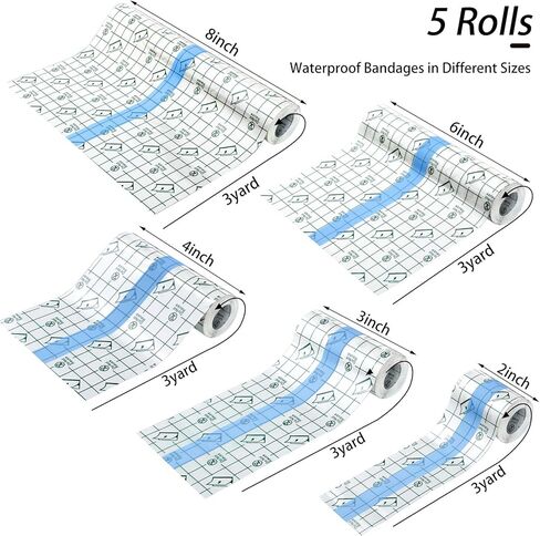 5 Rolls Waterproof Bandage Transparent Stretch Adhesive Bandage Tape Shower Protector Clear Dressing Film for Swimming Showering Tattoos, 5 Sizes in Saudi Arabia