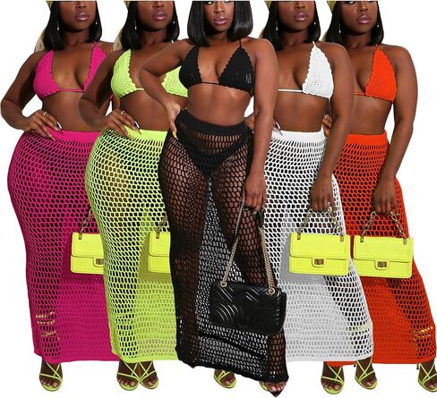 Bluewolfsea ملابس الشاطئ النسائية المثيرة للصيف مكونة من قطعتين ملابس بيكيني شبكية من الكروشيه ومجموعة تنورة طويلة in Kuwait