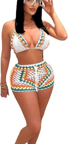 Bluewolfsea Women Sexy Beach Coverups Summer 2 Piece Outfits Crochet Mesh Fishnet Bikini Top and Maxi Skirt Set in Saudi Arabia