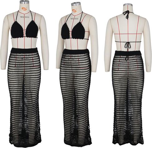 Bluewolfsea ملابس الشاطئ النسائية المثيرة للصيف مكونة من قطعتين ملابس بيكيني شبكية من الكروشيه ومجموعة تنورة طويلة in Kuwait