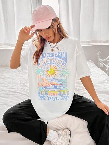 COZYEASE Women's Graphic Tees Short Sleeve Oversized T Shirt Loose Fit Casual Summer Tee Tops in Saudi Arabia